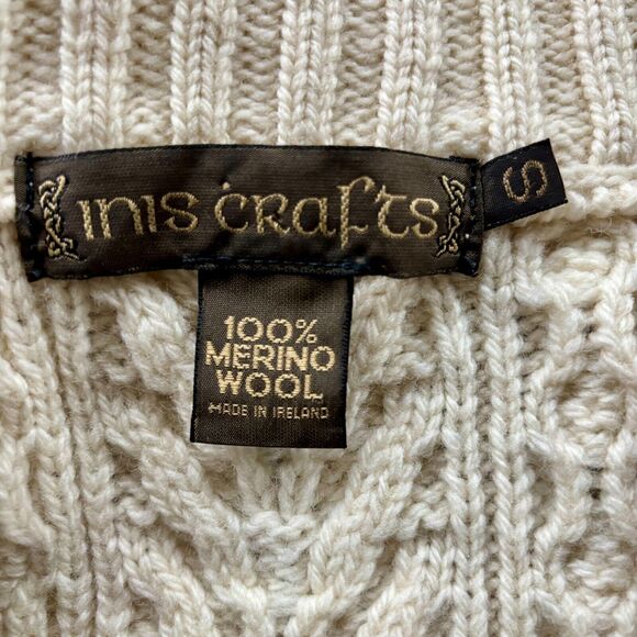 Inis Crafts Ireland Size S Ivory 100% Merino Wool Chunky Cable Knit Zip Cardigan - Picture 4 of 6